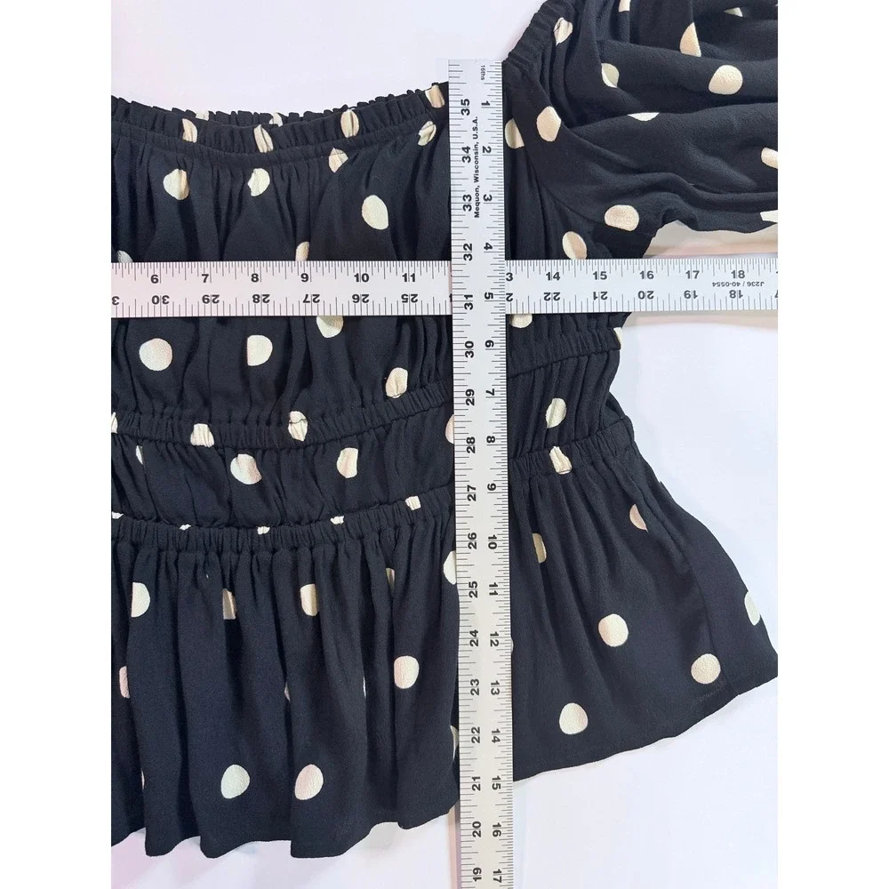J.Crew Smocked Peplum Blouse Womens Medium Black Polka‎ Dot Long Sleeve